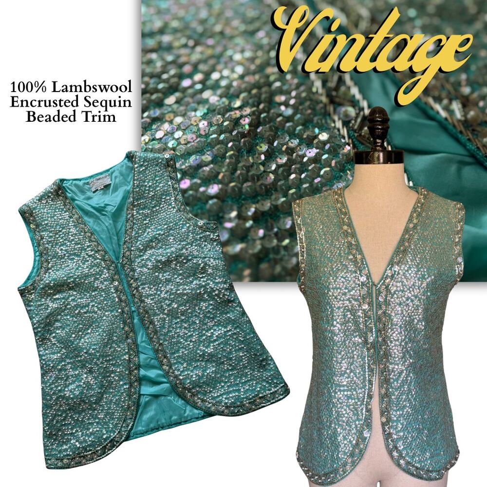 Vintage 60s 70s Blue Sequin Bead Lambswool Sweater Vest Bohemian Groovy Party